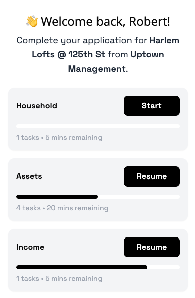 Renter application dashboard showing digital application process